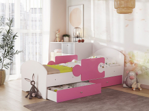 Кровать Мозаика с ящиком и бортиками на ламелях белый-розовый